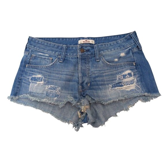 Hollister Cut Off Distressed Jean Shorts Womens 7 28 Inch Button Fly Blue Frayed - Picture 2 of 6